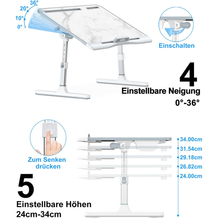 Столик для ноутбука Potuopy з регулюванням висоти та кута нахилу, X-Large, для роботи, читання та їжі на ліжку/софі, 60*40 см, білий мармур