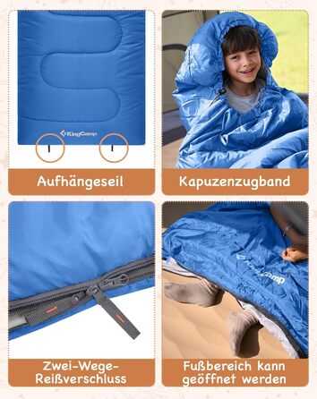 Спальний мішок для дітей KingCamp - легкий, теплий, 3-4 сезони, для кемпінгу та піших прогулянок (синій, L)