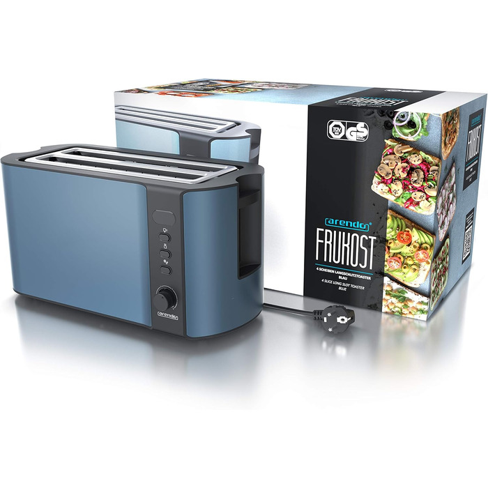Тостер Arendo з нержавіючої сталі, 4 слоти, підігрів, підігрів тостів, підставка для бургерів, зйомка крихт, дисплей, темно-синій