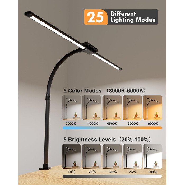 Світлодіодна лампа VUENICEE для столу з регулюванням яскравості та пультом дистанційного керування, 20W, кріплення-прищіпка, офісна лампа, 5 режимів кольору та яскравості, гнусий