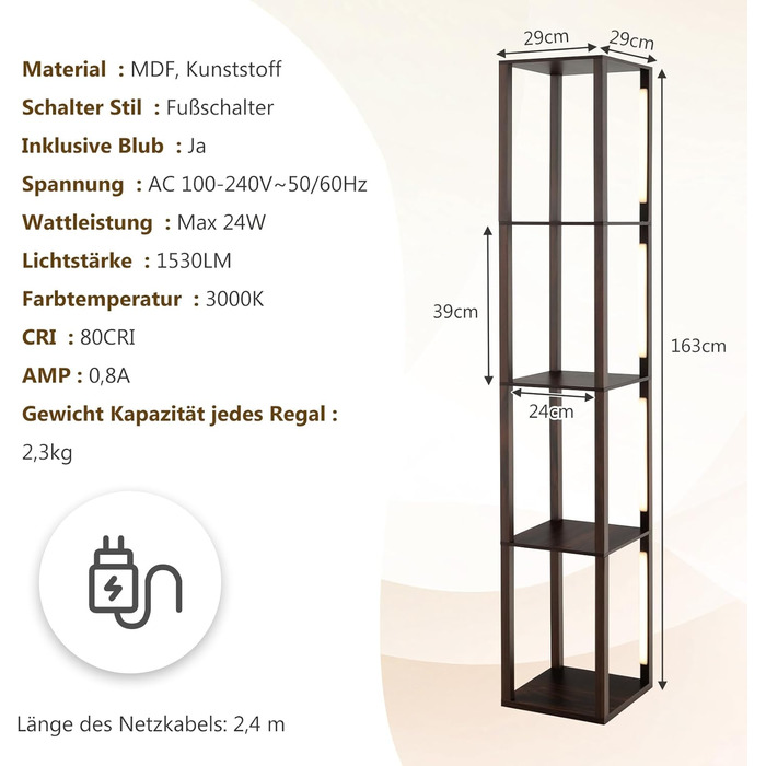 Стельова лампа RELAX4LIFE з 3 полицями, чорна, 26 x 26 x 160 см, E27, для вітальні, спальні, офісу