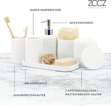 ZCCZ 4-Piece Bathroom Accessories Set, Black, with Soap Dispenser, Toothbrush Holder, Bathroom Tumbler, and Vanity Tray, Decorative Countertop Organizer (New White)