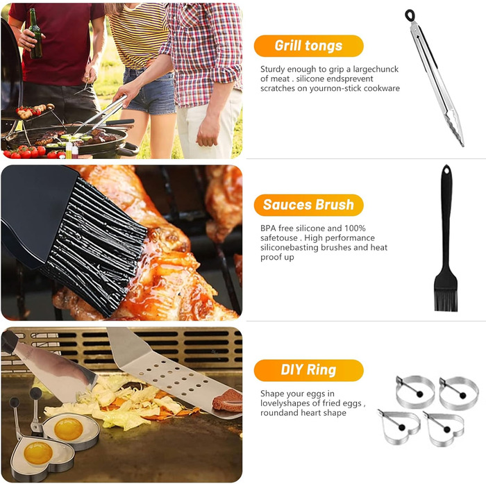 Набір аксесуарів для гриля на 42 шт. з кейсом, нержавіюча сталь, для газового гриля, барбекю, саду та кемпінгу