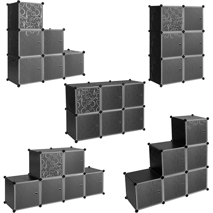 WOLTU Stackable Shoe Boxes, Shoe Rack with 6 Stackable Boxes, Storage Box with Door, DIY Shelf, Plastic Box for Shoe Storage, Shoe Organizer, 35x35x35 cm per Shoe Box, Black