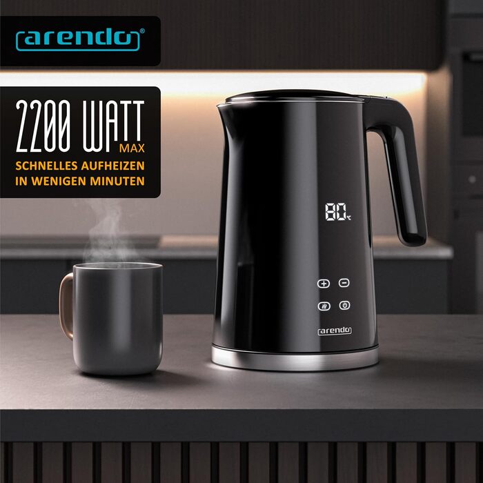 Електричний чайник Arendo з регулюванням температури, нержавіюча сталь, подвійні стінки Cool Touch, дисплей, бездротовий, 2200 Вт, 1,7 л, захист від перегріву, функція підтримання тепла, чорний