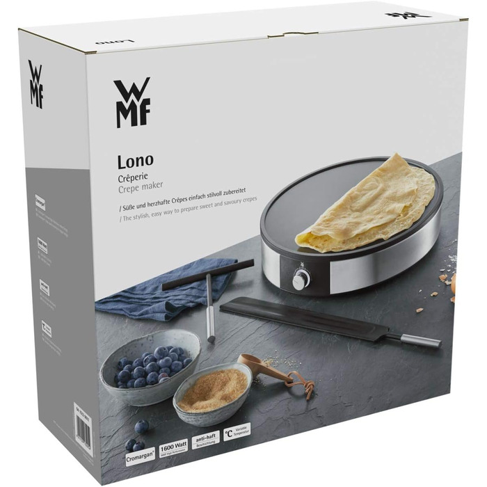 Електрична млинниця WMF Lono 1600 Вт, антипригарна, 33 см, для млинців і крепів, з лопаткою та розподілювачем тіста