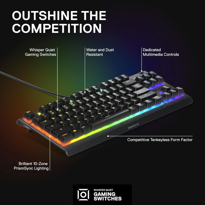 Клавіатура SteelSeries Apex 3 TKL RGB для геймінгу: компактний форм-фактор TKL, RGB підсвічування, захист від води та пилу, тихі перемикачі, Anti-Ghosting