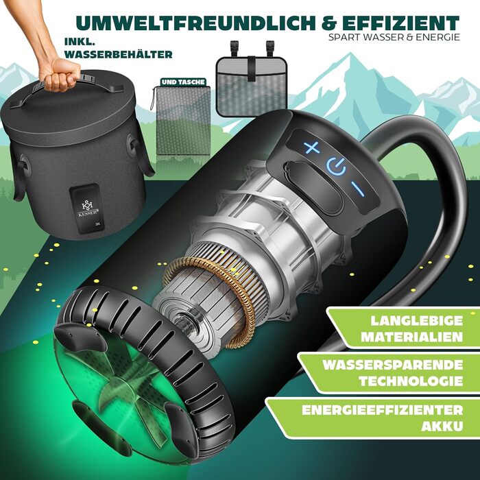 Сонячний душ KESSER® з насосом та акумулятором 8000mAh. Комплект для кемпінгу: 20л бак, регульована лійка, шланг 2м, пістолет-розпилювач, кріплення. Чорний колір.