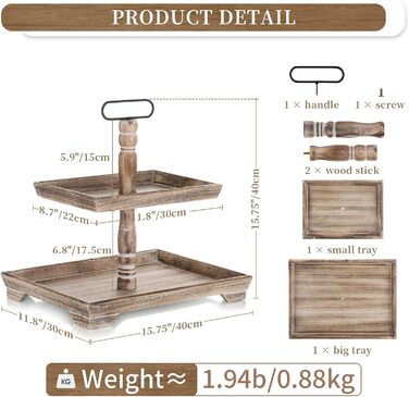 Hanobe Decorative Table Tray Shelving Wood: Brown Wooden Tray Large Rectangular with 2 Tiers Farmhouse Decorative Tray Vintage Shabby Serving Trays for Home Coffee Corner Bathroom