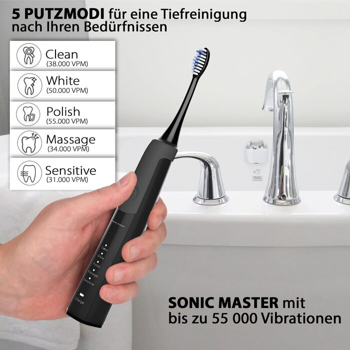 Електрична зубна щітка Tristan Auron SonicMaster - 55 000 вібрацій, 5 режимів, 60 днів акумулятора, UV-стерилізатор, 6 насадок, чорний колір