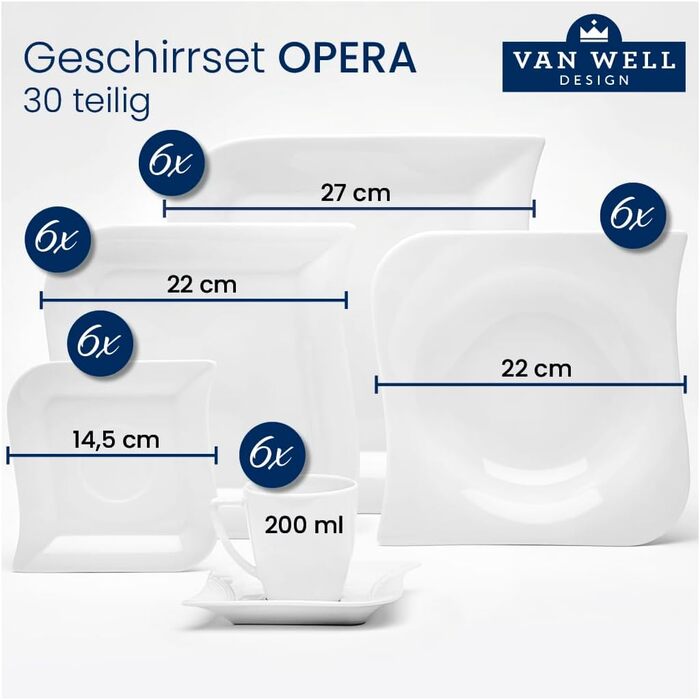 Набір посуду Van Well Opera 30 предметів для 6 осіб, порцеляна, елегантний та сучасний