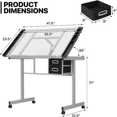 Adjustable Art Desk with Storage - Tiltable Drafting Table with Wheels - Multi-Purpose Craft Station