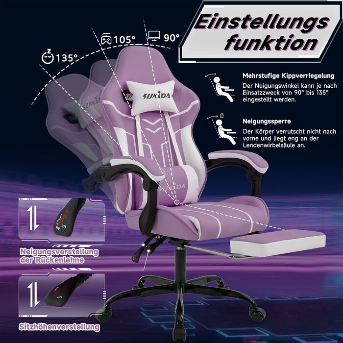 Ігрове крісло SUKIDA Ergonomic Gaming Chair з підставкою для ніг та підтримкою попереку, фіолетово-біле