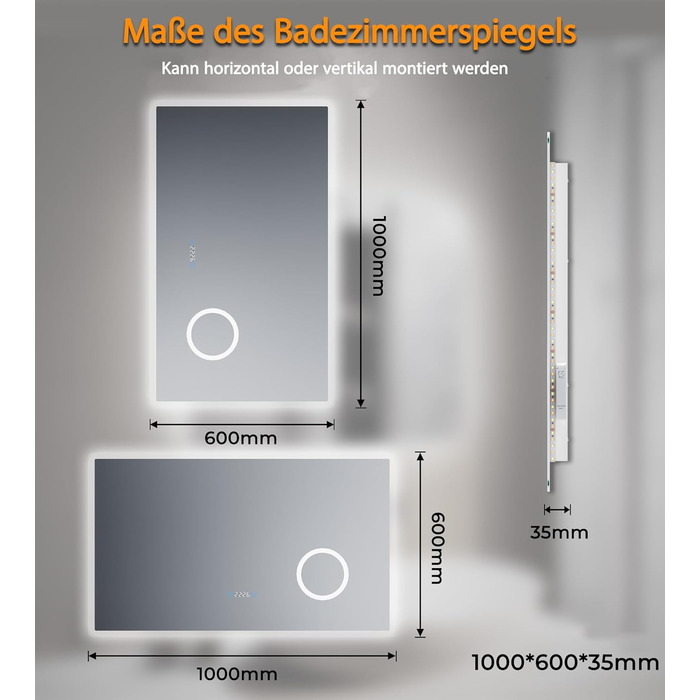 Дзеркало для ванної кімнати SVNR з підсвічуванням 40x60 см, LED, алюмінієва рама, захисне скло, IP44, 3 кольори світла, антизапар, годинник, 5x лупа, розетка для гоління