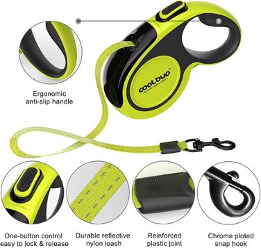 Висувна поводок для собак, 4.6 м, для собак маленьких, середніх та великих порід (до 110 кг), міцний поводок з блокуванням та гальмом, великий, зелений