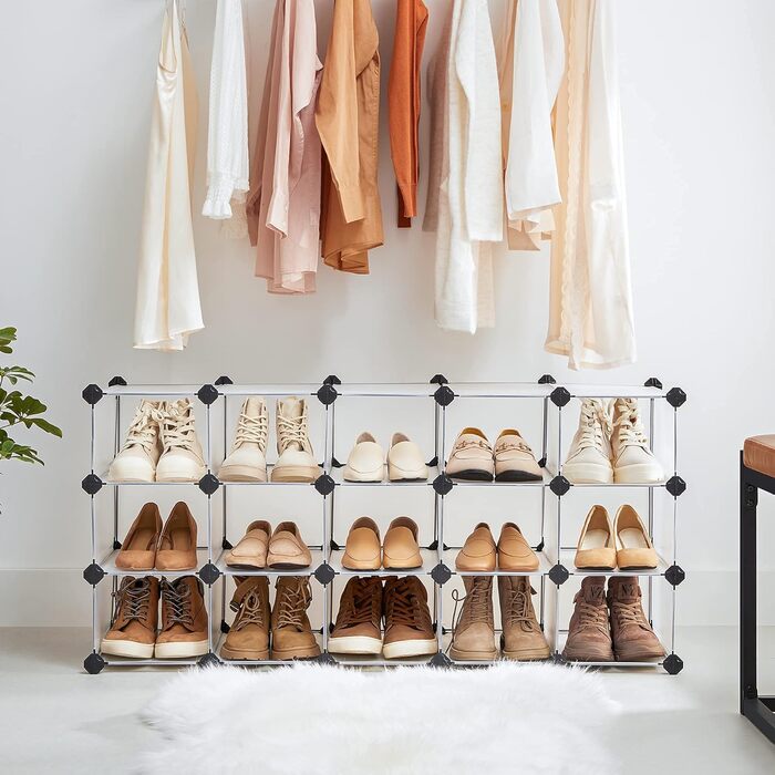 SONGMICS Shoe Rack with 16 Cubes, Interlocking Plastic Shoe Organizer, DIY Storage Cabinet for Closet, Entrance, Bedroom, Garage, Space-Saving Design, 30.5 x 89.9 x 69.8 cm