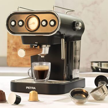 Petra Coffee Machine Barista Pro 1.5L, Semi-Automatic Espresso Machine with Milk Frother, Small Coffee Machine for Espresso & Cappuccino, Coffee Maker 15 Bar, 850W (3-in-1 Barista Coffee Machine)