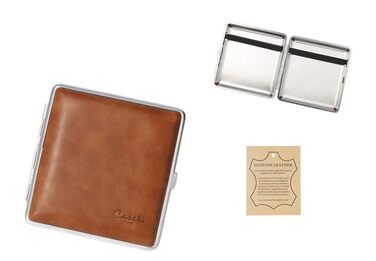 Leather cigarette case, 9.5 x 8.5 x 2 cm, for 20 cigarettes with elastic band (Light Brown)