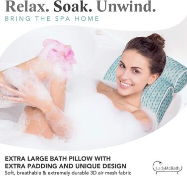 Lady McBath Bathtub Pillow – Luxury Bathtub Pillow for Tub, Neck and Back Support, Powerful Suction Cups, Machine Washable, Bathtub Accessory for Relaxation (Turquoise)
