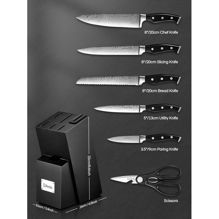 D.Perlla Self-Sharpening Knife Block Set - 7 Piece Stainless Steel Knife Set with Plastic Handle & Wooden Block - Professional Kitchen Knife Set, Black