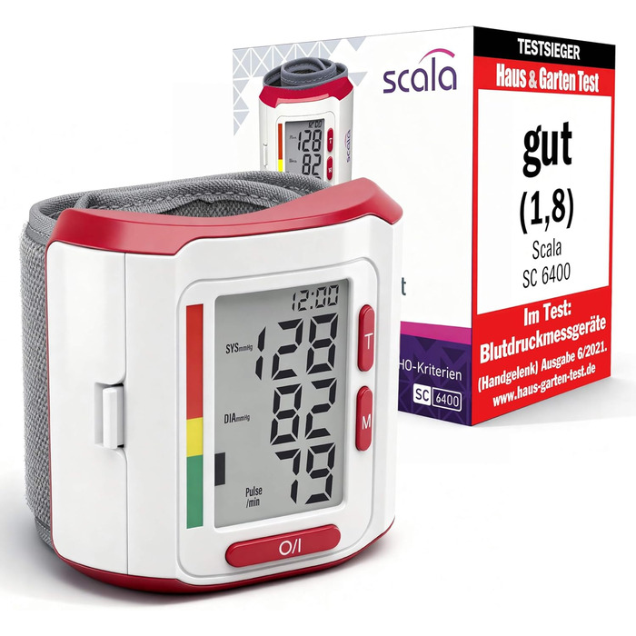 Тонометр на зап'ястя Scala SC 6400 - точний вимірювач артеріального тиску з індикатором ВООЗ, 85 місця пам'яті, Fuzzy Logic, з коробкою та батарейками, манжета 13,5-19,5 см