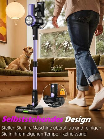 Бездротовий пилосос SUXIANGVAC 48KPa, 500W, 55 хвилин роботи, з док-станцією, LED дисплеєм, антизаплутана щітка, для шерсті тварин, килимів, твердих поверхонь, авто, фіолетовий