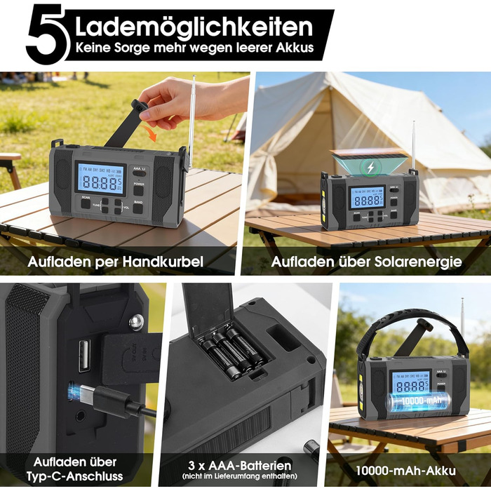 Сонячне радіо з ручним заводом 10000mAh Notfall: AM/FM, ліхтарик, SOS-сигнал, Power Bank, зарядка від сонця/USB/ручки, для кемпінгу, походу, надзвичайних ситуацій, сірий