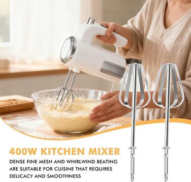 Ручний міксер Handmixer 400W з 5 швидкостями та турбо-функцією, з нержавіючої сталі, для кухні, білий