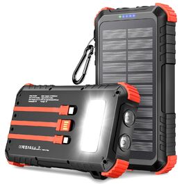 Сонячний Power Bank 26800mAh з PD15W, USB-C, 5 виходів, 3 входи, водонепроникний, з 3 кабелями, 2 ліхтариками та карабіном для кемпінгу, оранжевий