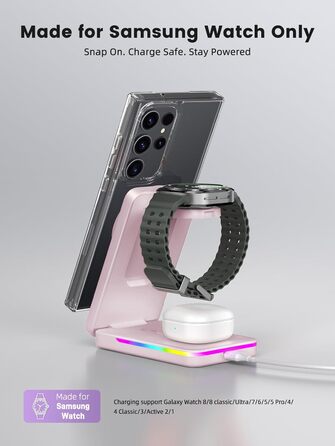 Магнітна зарядна станція 3-в-1 для Samsung Galaxy S26 Ultra, S25, Z Fold 7, Z Flip 7, Galaxy Watch Ultra 8/7/6, Buds Pro 3 (Рожева) - Бездротова зарядка Magsafe