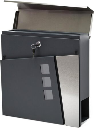 Поштовий ящик Wiltec Designer V24 антрацит/нержавіюча сталь 370x105x370 мм, настінний, з замком, оглядовим вікном та тримачем для газет