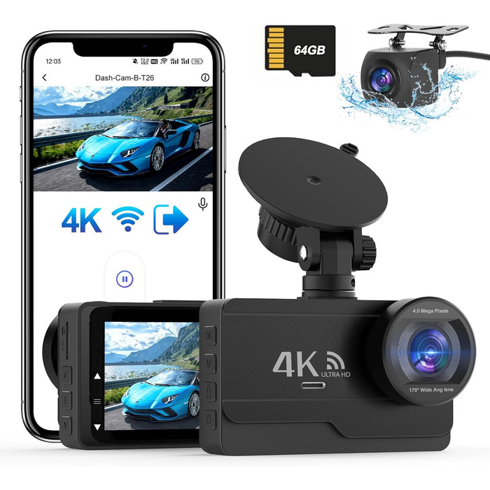 Відеореєстратор SIGRILL 4K/2K/1080p з Wi-Fi, двокамерний, з SD-картою 64GB, нічне бачення, кут огляду 170°, G-сенсор, паркувальний режим, Loop-запис, підтримка до 256GB