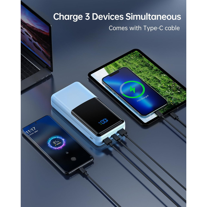Power Bank Coblob 27000mAh з LED дисплеєм, 3 виходи та 2 входи, USB-C 30W, блакитний