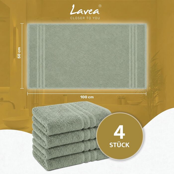 Набір рушників для рук Lavea Elena (4 шт.), 100% бавовна, махрові, гігроскопічні та м'які, колір евкаліпт, 50x100 см