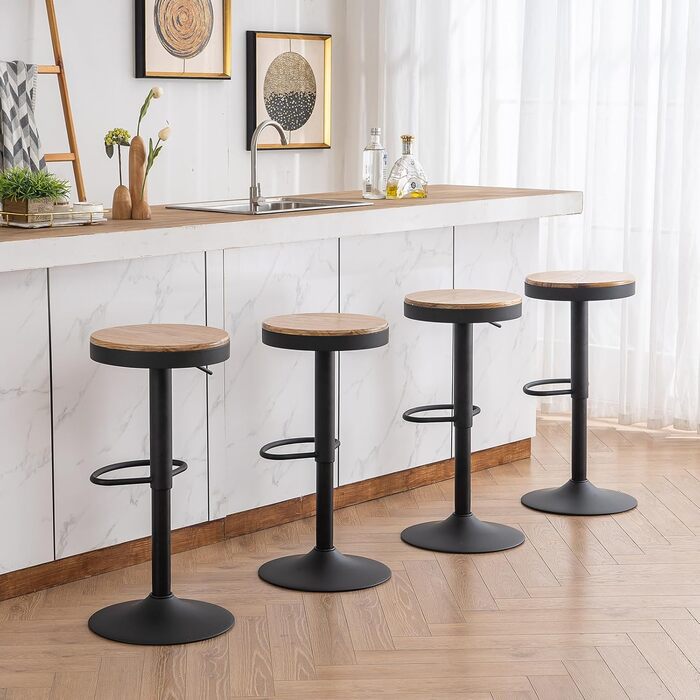 YOUNIKE Adjustable Swivel Bar Stools 2-Pack - Black Wood Kitchen Bar Stools with Footrest - Vintage Style