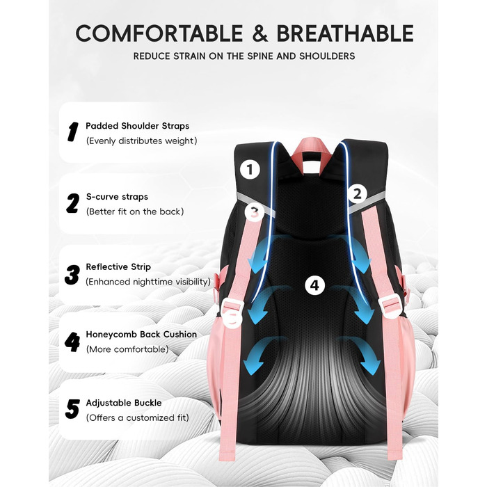 Шкільний рюкзак для дівчаток Tanou: стильний, зручний, з дихаючої тканини Oxford (3-5 клас, чорно-рожевий)