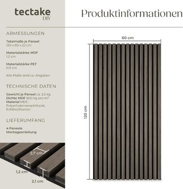 Акустичні 3D-панелі tectake для стін 120 x 60 x 2,1 см, звукопоглинаючі панелі під дерево для вітальні та кухні, шумоізоляція (набір 4 шт, дуб сірий)