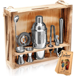 Набір для приготування коктейлів PAVOCI: 11 предметів, шейкер, барменський інструмент з нержавіючої сталі, дерев'яний підставник, аксесуари. Ідеально для дому, бару, професійного використання
