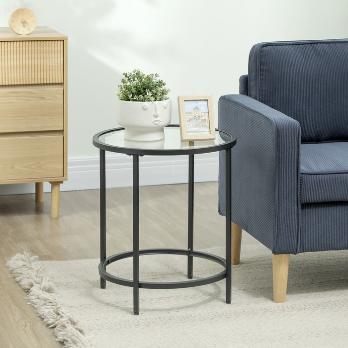 HOMCOM Side Table Round Coffee Table with Glass Tabletop, Metal Frame, Coffee Table, Nightstand for Living Room, Bedroom, Black, Ø48 x 54.7 cm | Aosom