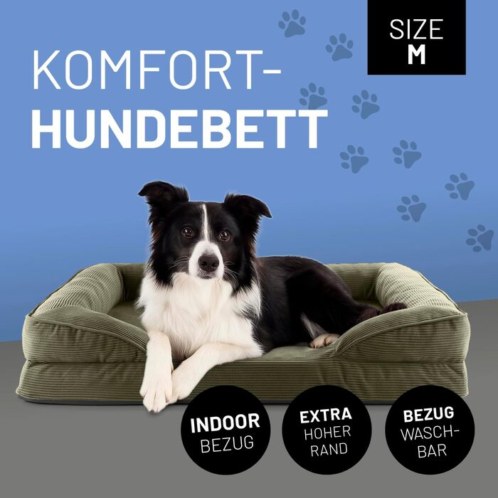 Ортопедичне ліжко для собак Lumaland з корду | Софа для собак 70x60 см - для маленьких собак | Нековзне дно | Зручна наповнювач та знімне прання | Корзинка для собак з Memory Foam Cord - Оливковий (Cord - Оливковий, 90 x 65 см - M)