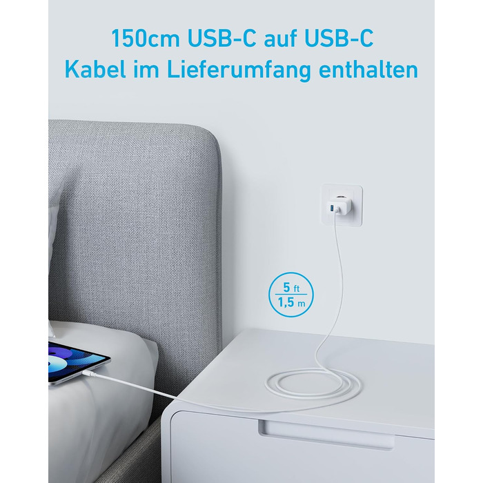 Зарядний пристрій Anker 20W USB-C, адаптер живлення для iPad, швидка зарядка, сумісний з iPhone 17/16/15, кабель USB-C 150 см