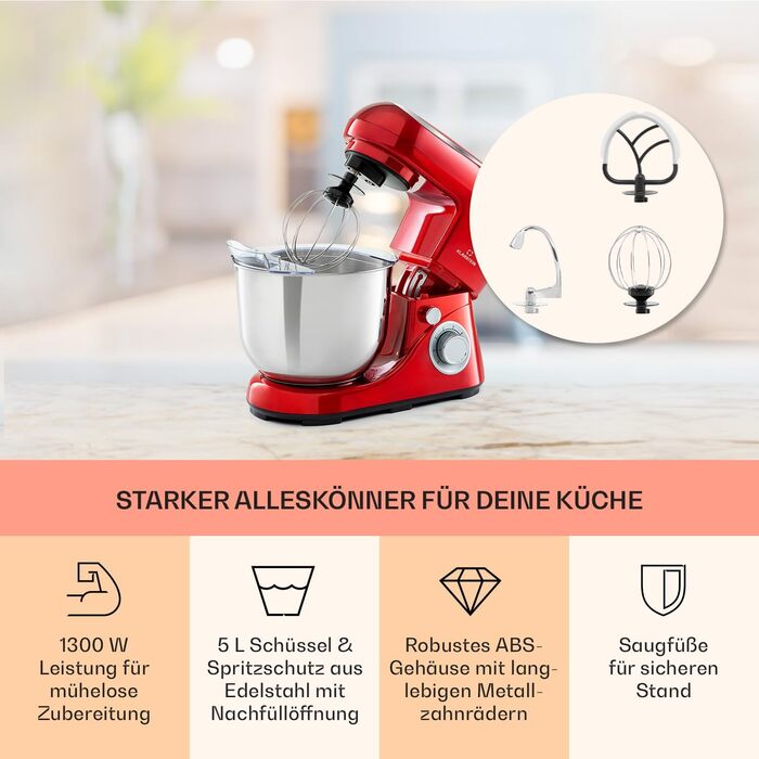 Klarstein Kitchen Machine - 1300W Stand Mixer with 6 Speeds, Dough Hook, Whisk & Beater, 5L Bowl, Planetary Mixer for Bread Dough - Red