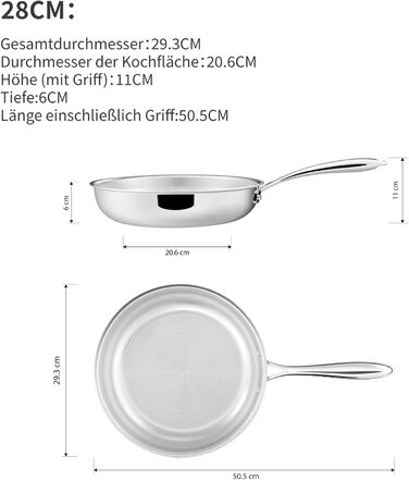Нержавіюча сковорода 28 см, 5-шарова, для посудомийної машини та духовки, індукційна, рівномірний розподіл тепла