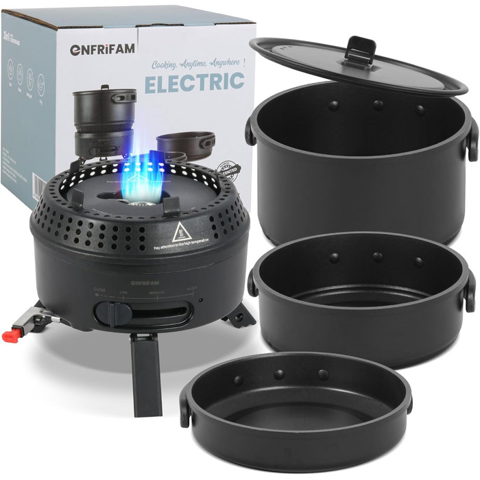 Набір кухонного посуду для кемпінгу на 2-4 особи: електричний та газовий котел 700W/2200W, посуд для кемпінгу, трекінгу, дому та вулиці (1 каструля + 2 сковорідки)