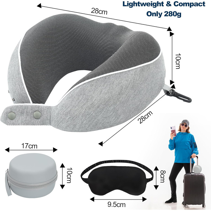 Подушка для шиї Comfy для подорожей: регульована подушка з memory foam, 3D-маска для сну, підтримка 360°, для літака, авто, поїзда (світло-сіра)