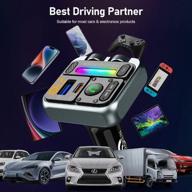 FM-трансмітер SOARUN для авто Bluetooth 5.3, адаптер для автомобіля з зарядкою 57W PD та USB, гучний зв'язок, програвач музики, бас, чистий звук, підтримка 64ГБ, зелений