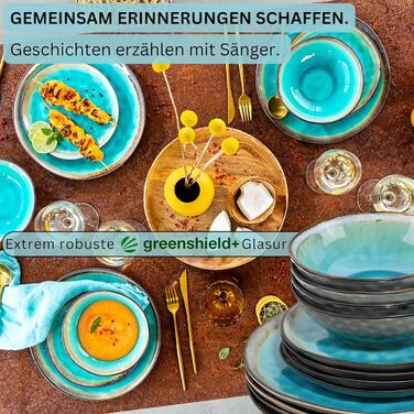 SÄNGER | Capri Dinnerware Set, 12-Piece, Plate Set for 4 People, Stoneware Dinnerware including Dinner Plates, Dessert Plates & Deep Plates, Turquoise Blue Tableware Set with Grey Rim | PREMIUM COLLECTION 12-Piece Dinnerware Set