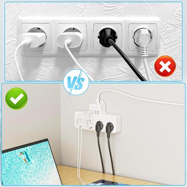 Багатофункціональна мережа роз'ємів 9 в 1 з вимикачем, USB-роз'єм 5-fach, кабель 2м, кутова мережа роз'ємів, чорний колір, індивідуальне вимкнення, для кухні та робочого столу (4 розетки, настінний монтаж)