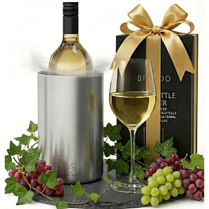 Охолоджувач для пляшок та шампанського Brendo Weinkühler Edelstahl - подвійний, ізольований, срібляний | Охолоджувач для вина, шампанського, белого вина | Подарунковий набір для чоловіків та жінок