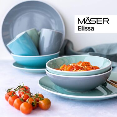 MÄSER 931844 Elissa Series Modern Dinnerware Set for 6 People in Blue with White Rim, 24-Piece Combination Service, Stoneware